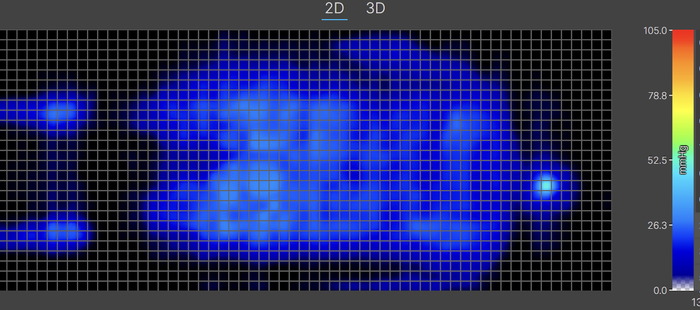 A thermal graphic displaying pressure buildup for a heavyweight sleeper on the Birch Natural in the back-sleeping position. The graphic is almost entirely blue, indicating little to no pressure.