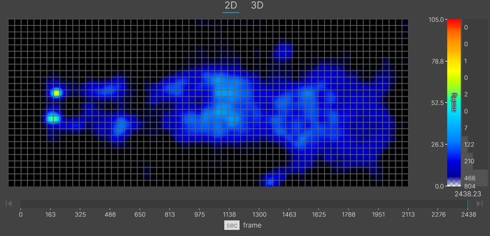 A thermal graphic showing a lightweight mattress tester resting on the Leesa Sapira Chill Hybrid mattress in the back-sleeping position. The graphic is entirely blue, indicating little to no pressure buildup.