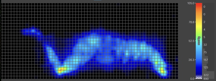 A pressure map graphic for our average-weight sleeper on the Nectar (side-sleeping position). The graphic is mostly blue, with a little bit of yellow at the knees, indicating some moderate pressure buildup there.