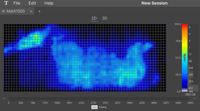 A thermal graphic showing a larger-bodied mattress tester resting on the Nolah Evolution in the side-sleeping position. The graphic is mostly blue, with some spots of green that indicate low pressure buildup.
