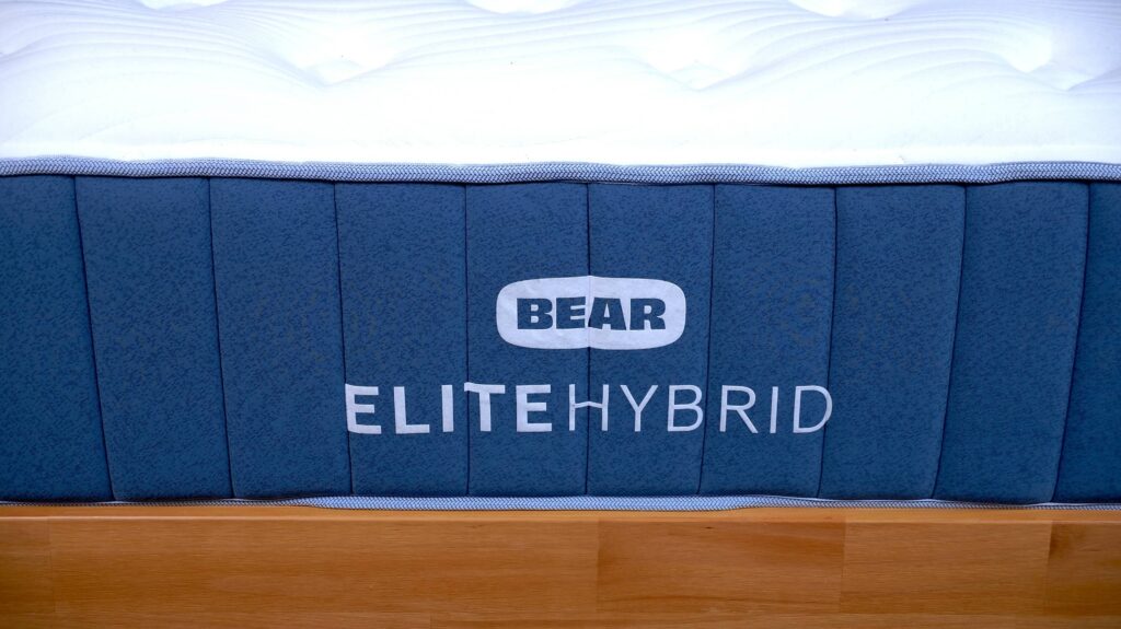 A closeup of the logo on a Bear Elite Hybrid mattress.