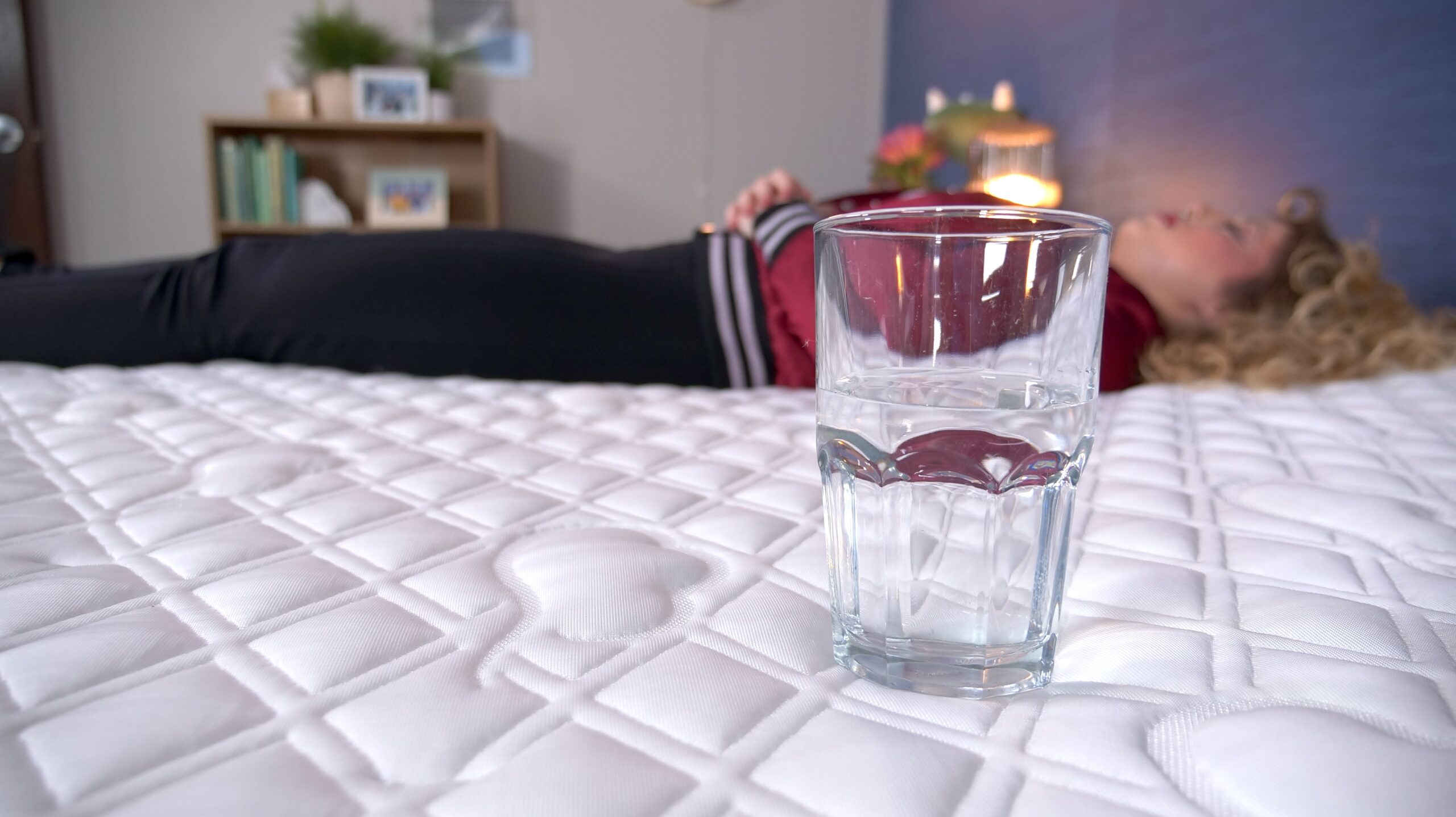 Nichole doing the water test on the Puffy Lux Hybrid