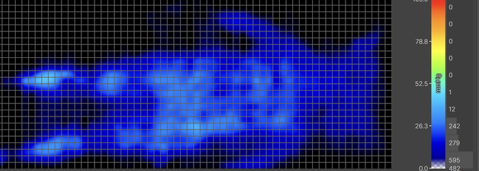 A pressure map graphic for the WinkBed Plus. It shows a thermal image of an average-weight sleeper lying on their back. The map is mostly blue, indicating little to no pressure buildup.