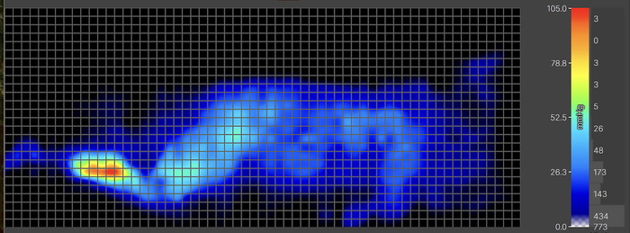 A pressure map graphic for the WinkBed Plus. It shows a thermal image of an average-weight sleeper lying on their side. The map is mostly blue, indicating little to no pressure buildup overall. However, there is some pressure buildup on the leg.
